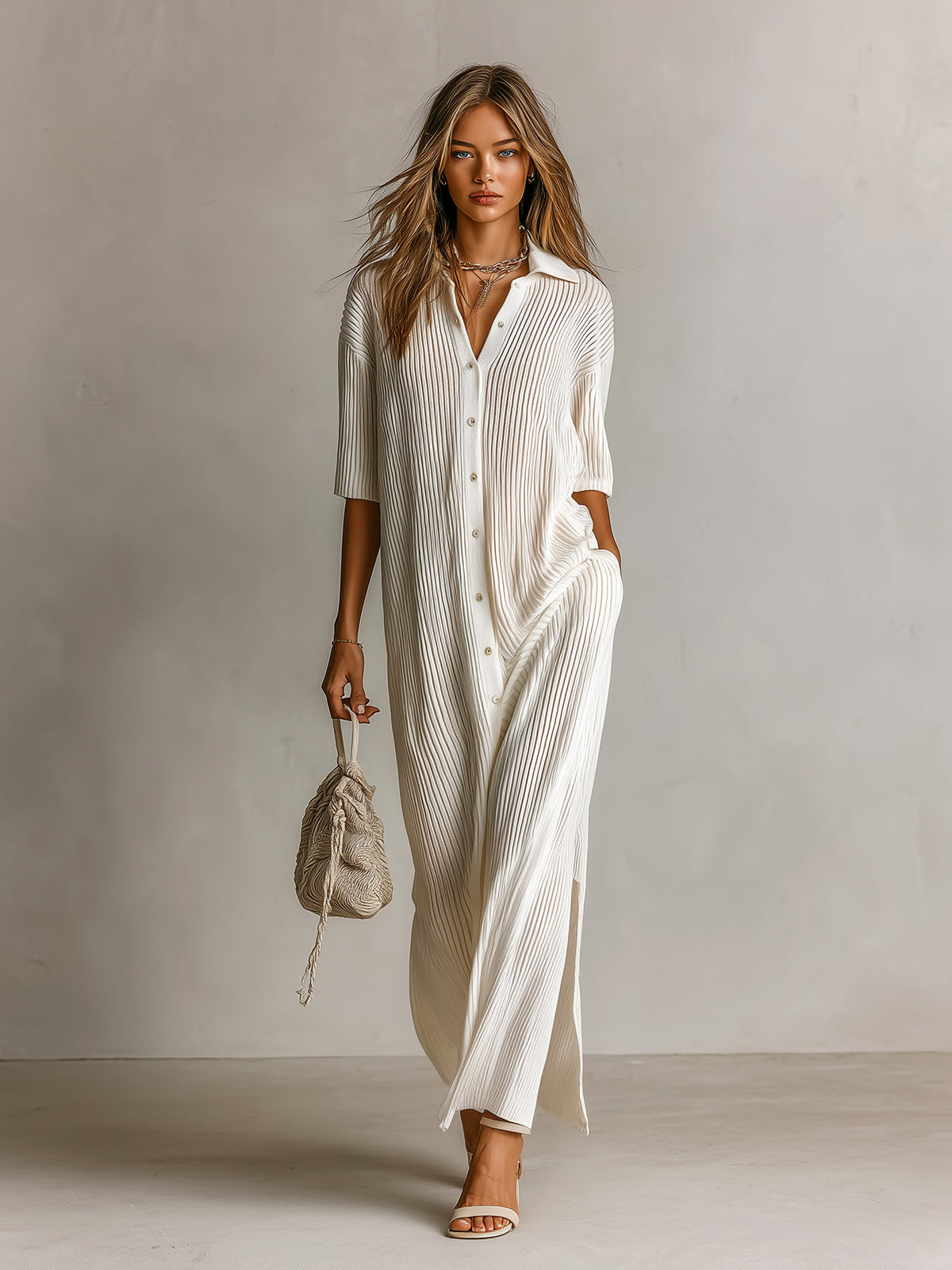 Chic Elegant Cream White Lapel Collar Single-Breasted Short-Sleeve Loose-Fit Side-Slit Ribbed Knit Maxi Dress