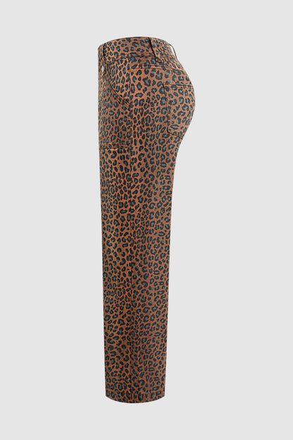 Leopard Print Patch Pocket High Waist Straight Leg Pants
