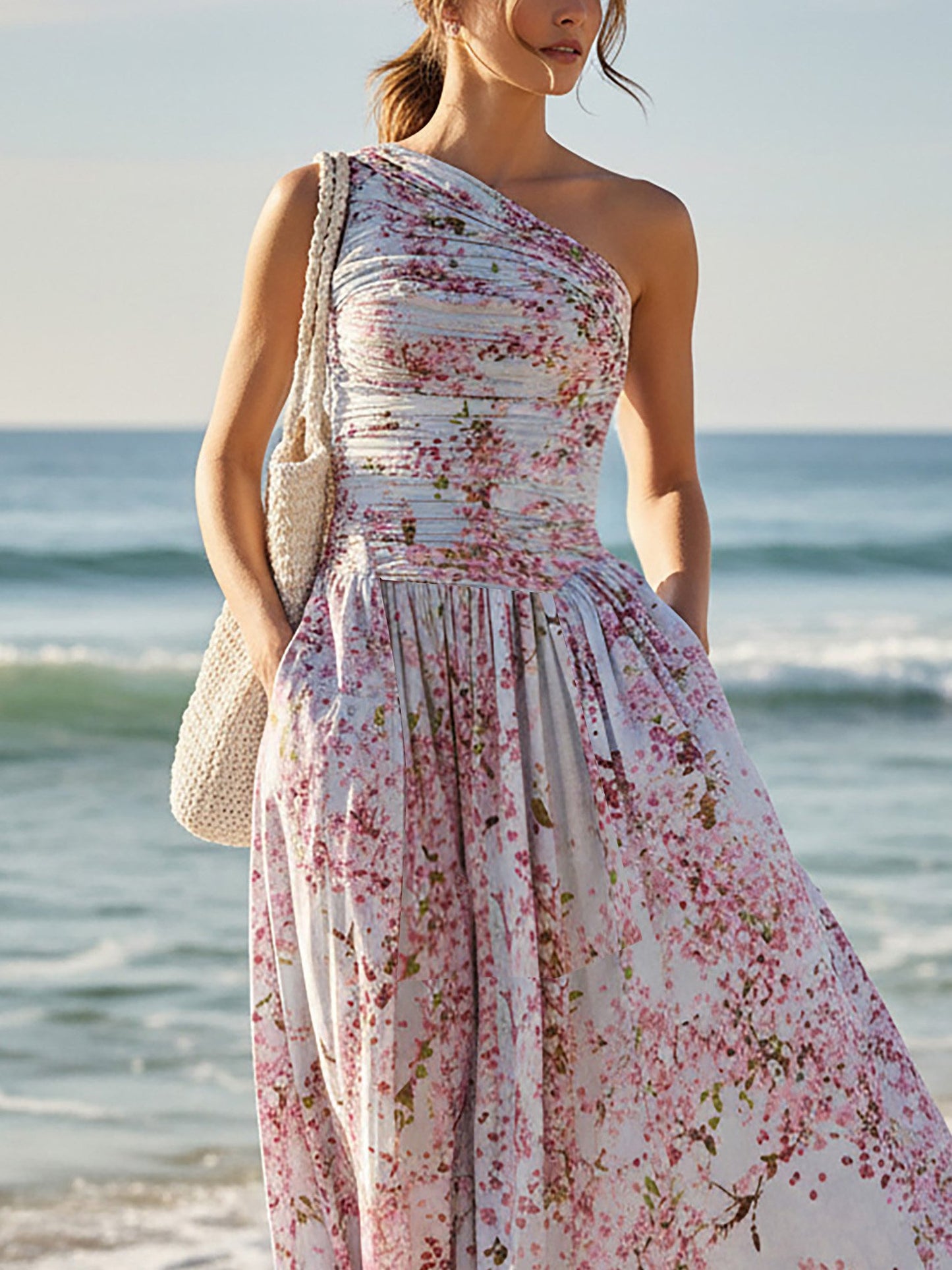Robe longue en lin, sans manches, asymétrique, florale, vacances, vintage, rose
