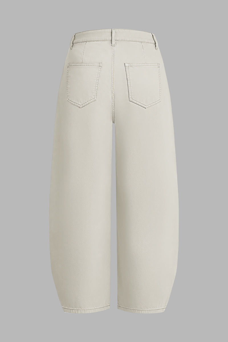 Solid Pleated Mid Rise Barrel Leg Pants Without Belt