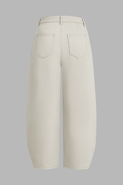 Solid Pleated Mid Rise Barrel Leg Pants Without Belt