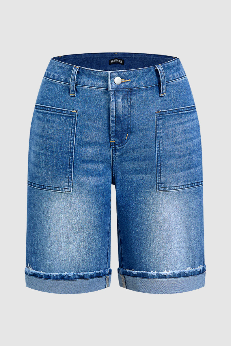 Wash Roll Hem Patch Pocket High Rise Denim Bermuda Shorts