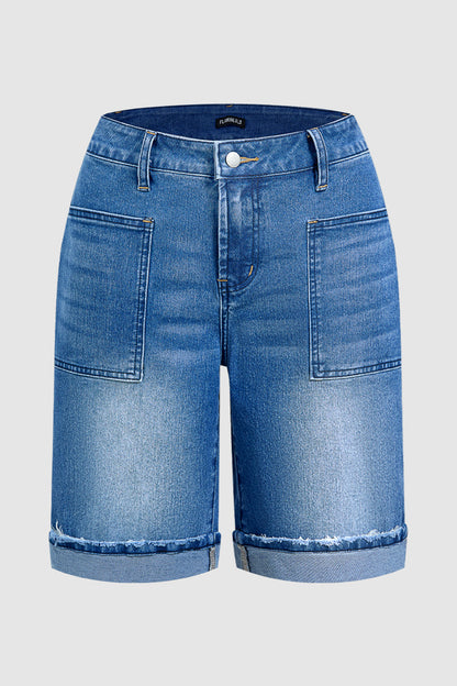 Wash Roll Hem Patch Pocket High Rise Denim Bermuda Shorts