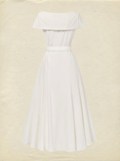 Robe Midi en Lin, Manches Courtes, Col Châle, Unie, Boutons, Style Vintage Français, Blanc