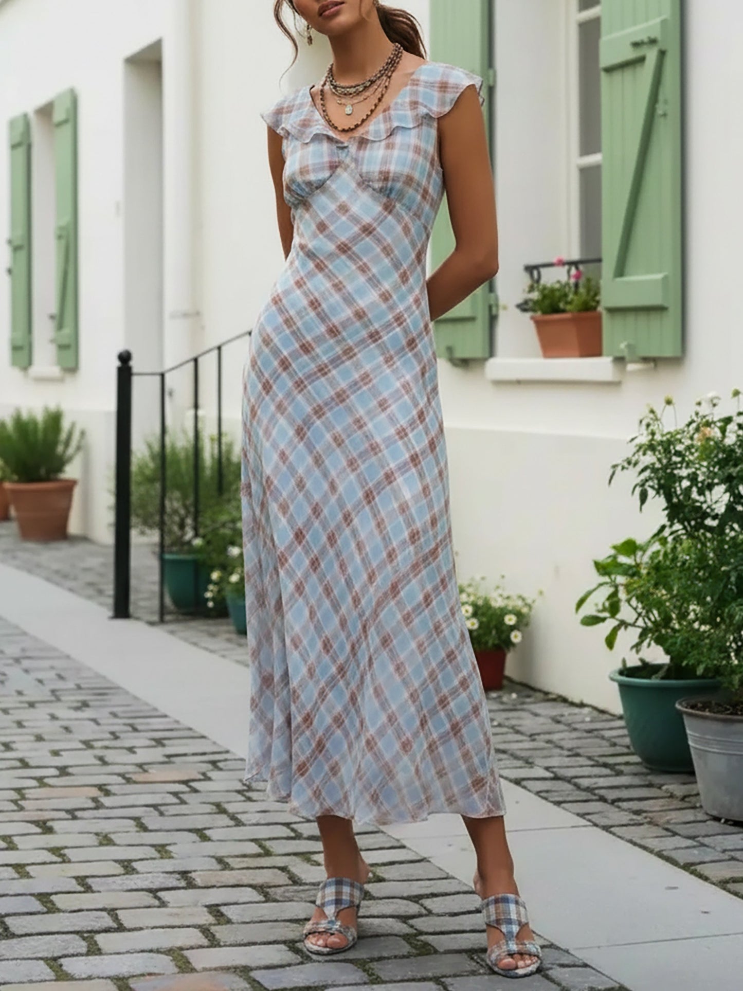 Robe longue en lin, sans manches, col en V, à carreaux, style vintage français, bleue