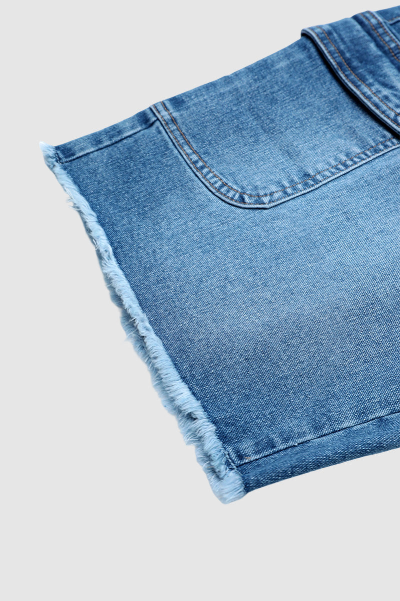 Wash Raw Hem Dual Button Mid Waist Denim Mid Thigh Shorts