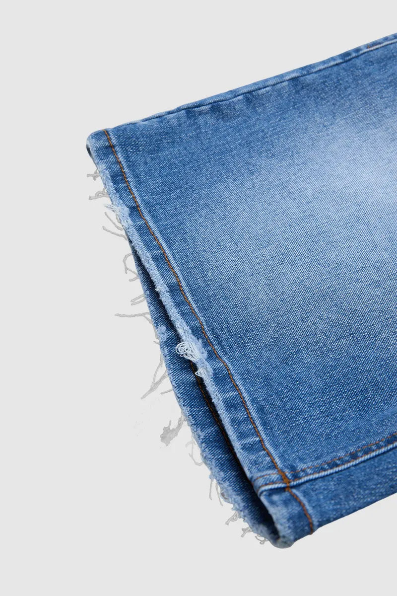 Wash Raw Hem Mid Waist Denim Mid Thigh Shorts Without Belt