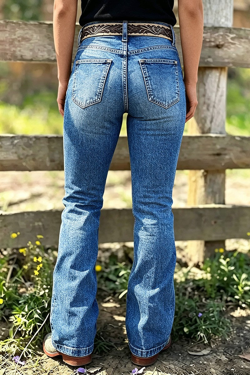 Wash Star Pattern Stitch Detail Mid Waist Bootcut Jeans Without Belt