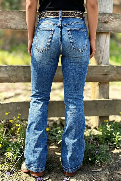 Wash Star Pattern Stitch Detail Mid Waist Bootcut Jeans Without Belt