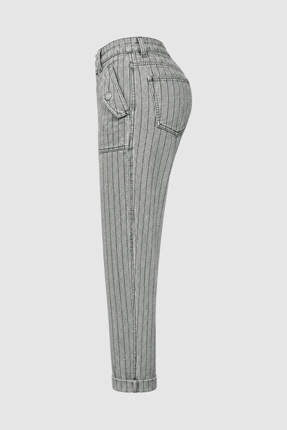 Striped Flap Decor Roll Hem High Waist Cropped Tapered Pants