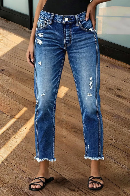 Raw Hem Ripped Mid Waist Straight Leg Crop Jeans