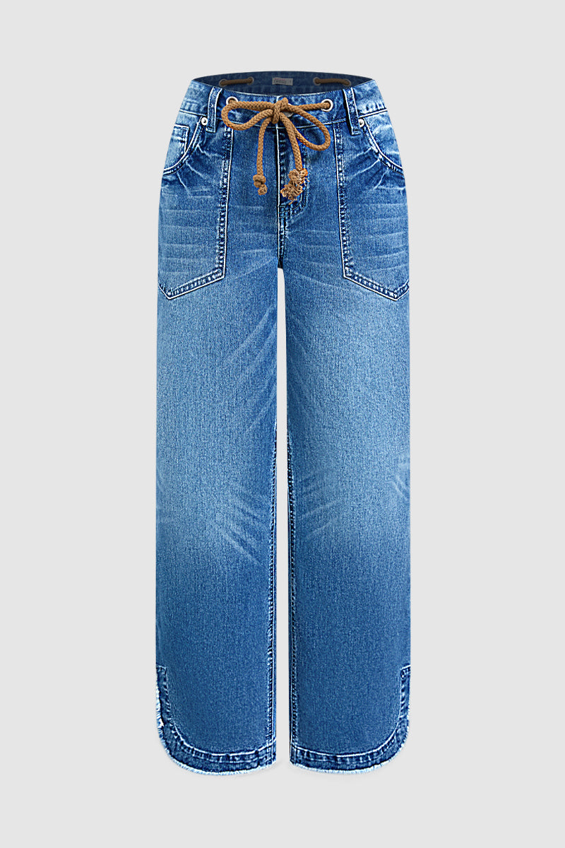 Drawstring Raw Hem Split Mid Waist Wide Leg Jeans