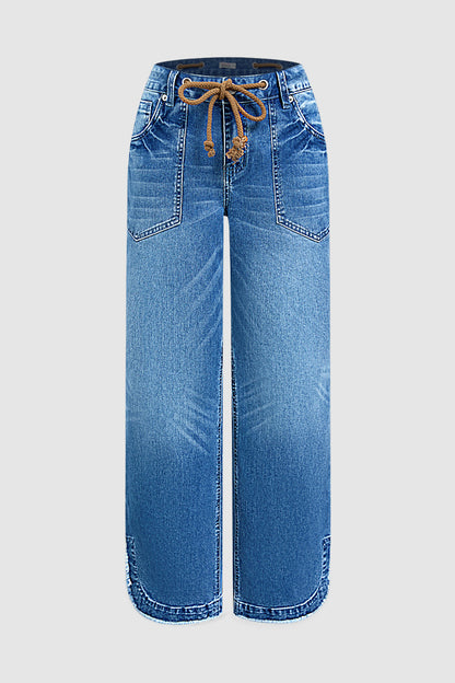 Drawstring Raw Hem Split Mid Waist Wide Leg Jeans
