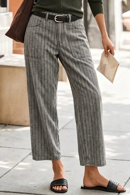 Striped Patch Pocket Mid Waist Wide Leg Cropped Pants Without Belt