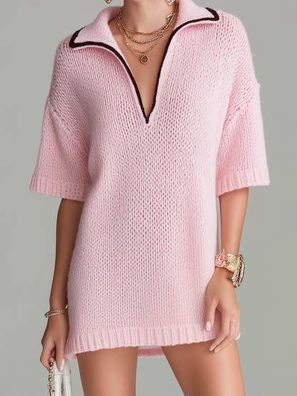 Fashion Casual Pink Lapel V-neck Contrast Trim Short Sleeve Loose Ribbed Knit Mini Dress