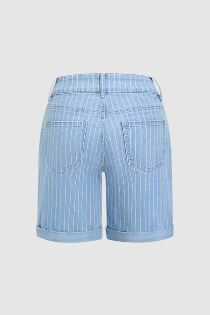 Pinstriped Roll Hem Mid Waist Denim Mid Thigh Shorts
