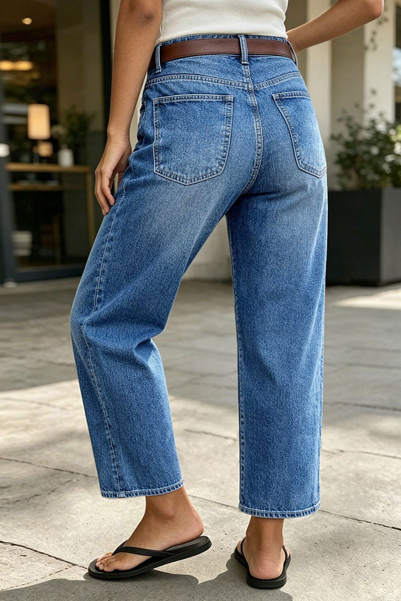 Wash Patched Pocket Mid Waist Straight Leg Crop Jeans Without Belt