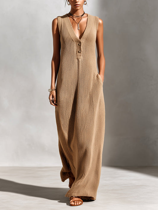 Chic Elegant Camel V-Neck Button-Front Sleeveless Loose-Fit Ribbed Knit Maxi Dress