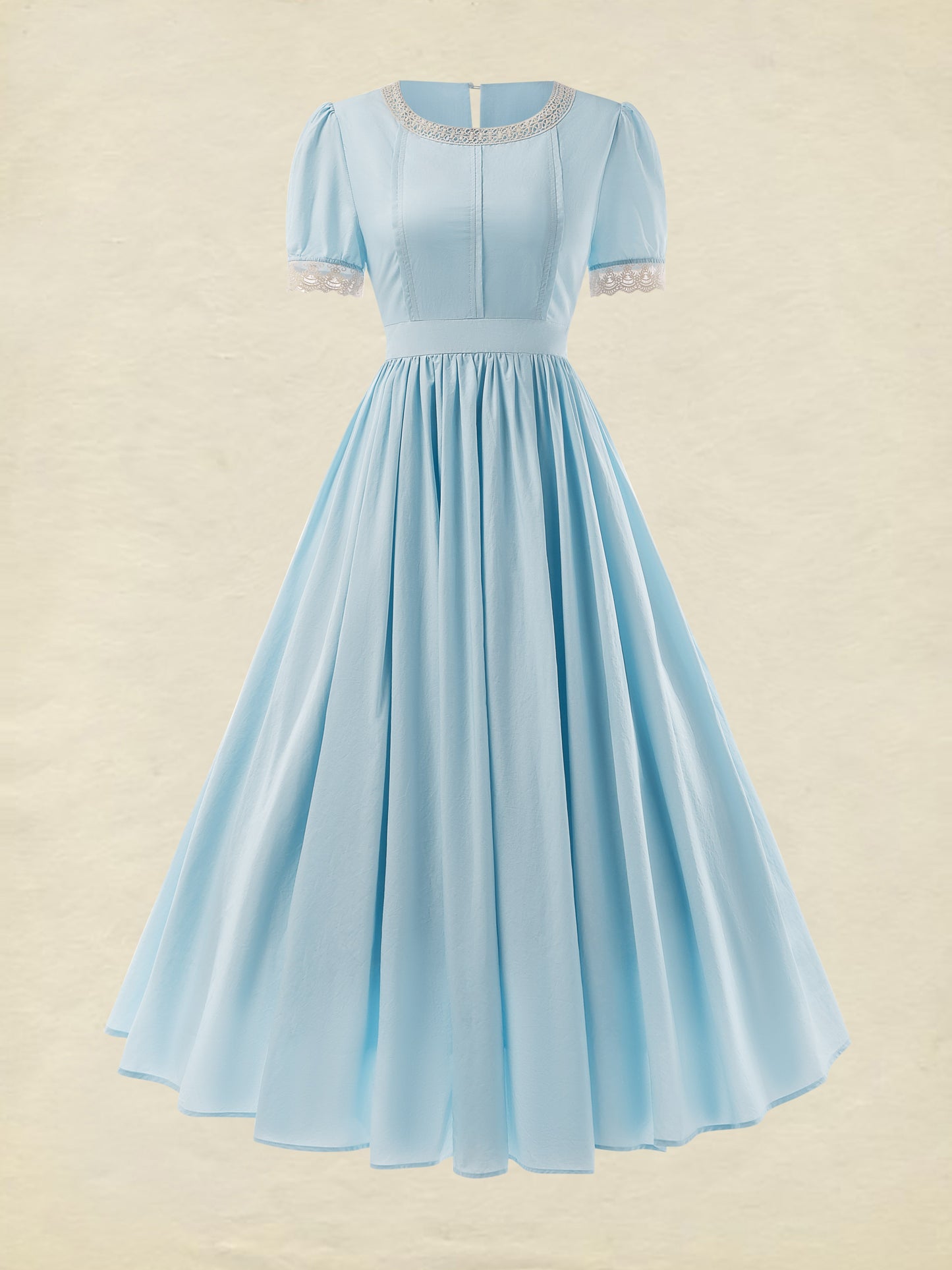 Robe longue en coton, Vintage, Unie, Été, Col en dentelle, Manches courtes, Bleue