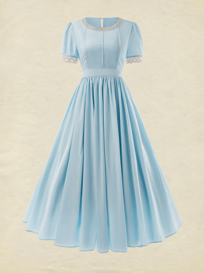 Robe longue en coton, Vintage, Unie, Été, Col en dentelle, Manches courtes, Bleue