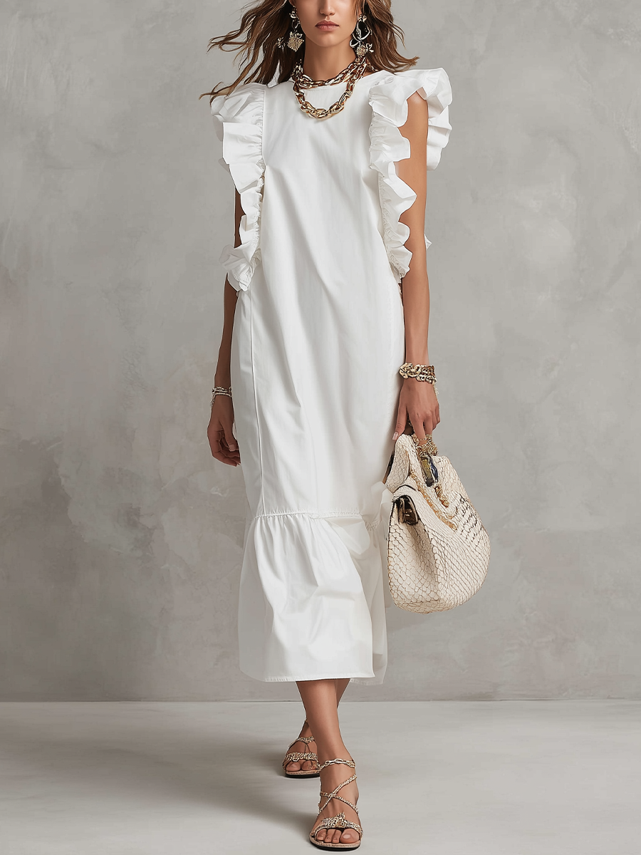 Robe longue blanche élégante à volants style resort