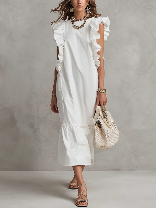 Robe longue blanche élégante à volants style resort