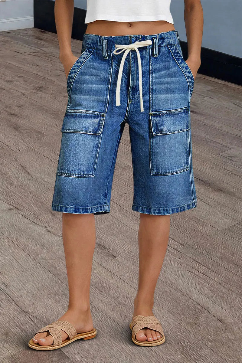 Wash Flap Pocket Drawstring Mid Rise Denim Bermuda Shorts
