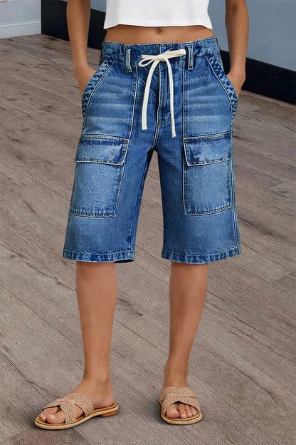 Wash Flap Pocket Drawstring Mid Rise Denim Bermuda Shorts