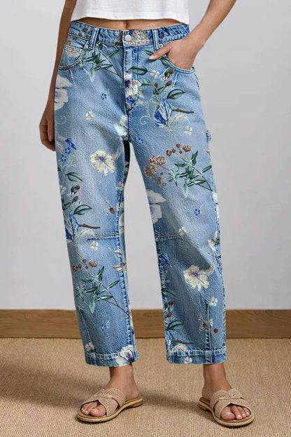 Wash Stitch Detail Mid Rise Barrel Leg Crop Jeans Without Belt