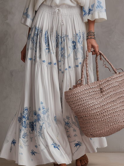 Robe longue bohème col en V brodée de fleurs