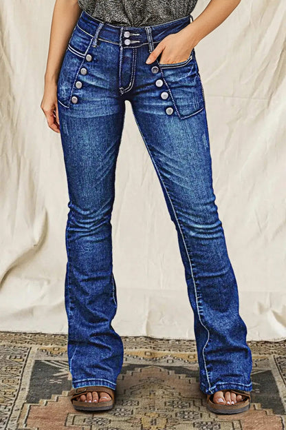 Wash Sailor Button Patch Pocket Mid Rise Bootcut Jeans