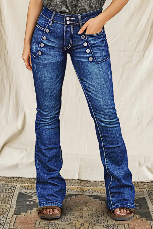 Wash Sailor Button Patch Pocket Mid Rise Bootcut Jeans