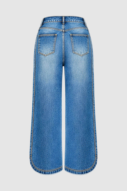 Wash Raw Hem Drawstring Split Mid Waist Wide Leg Jeans