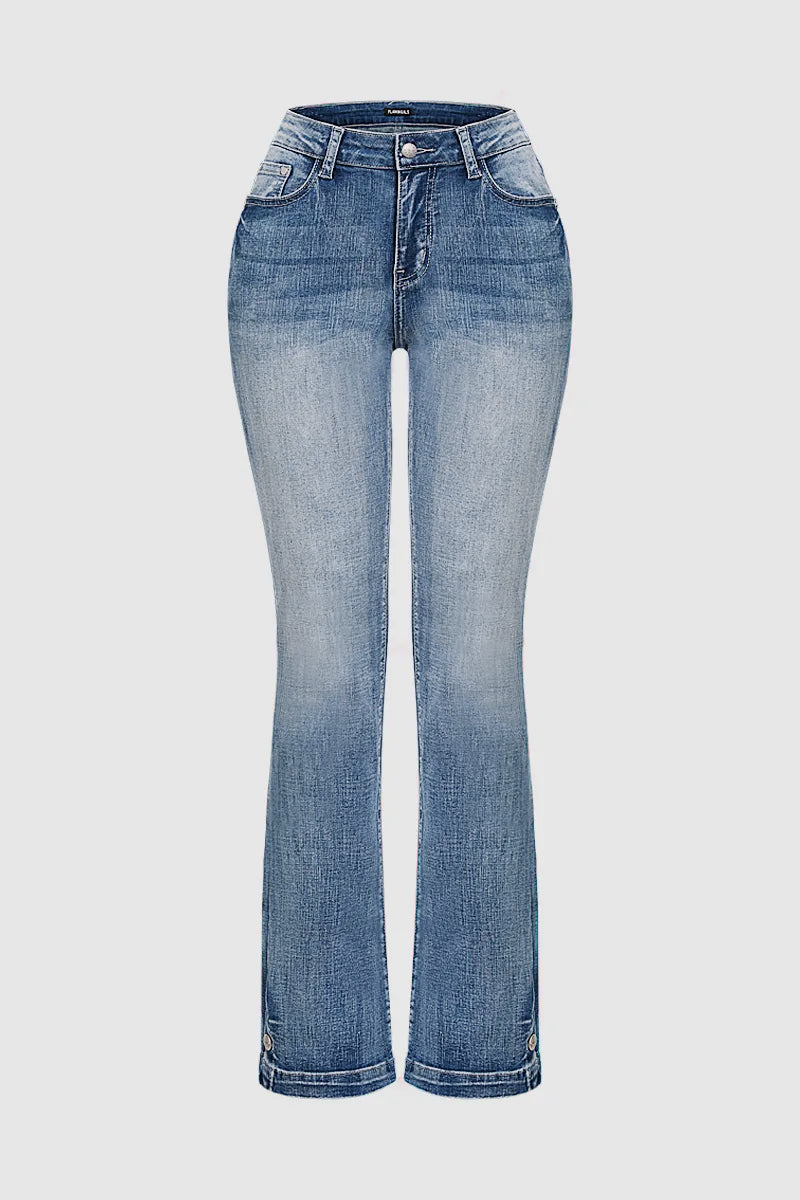 Embroidered Pocket Buttoned Hem Mid Waist Bootcut Jeans Without Belt