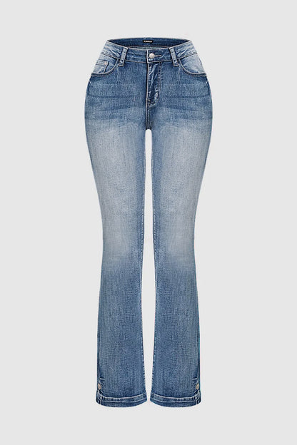 Embroidered Pocket Buttoned Hem Mid Waist Bootcut Jeans Without Belt