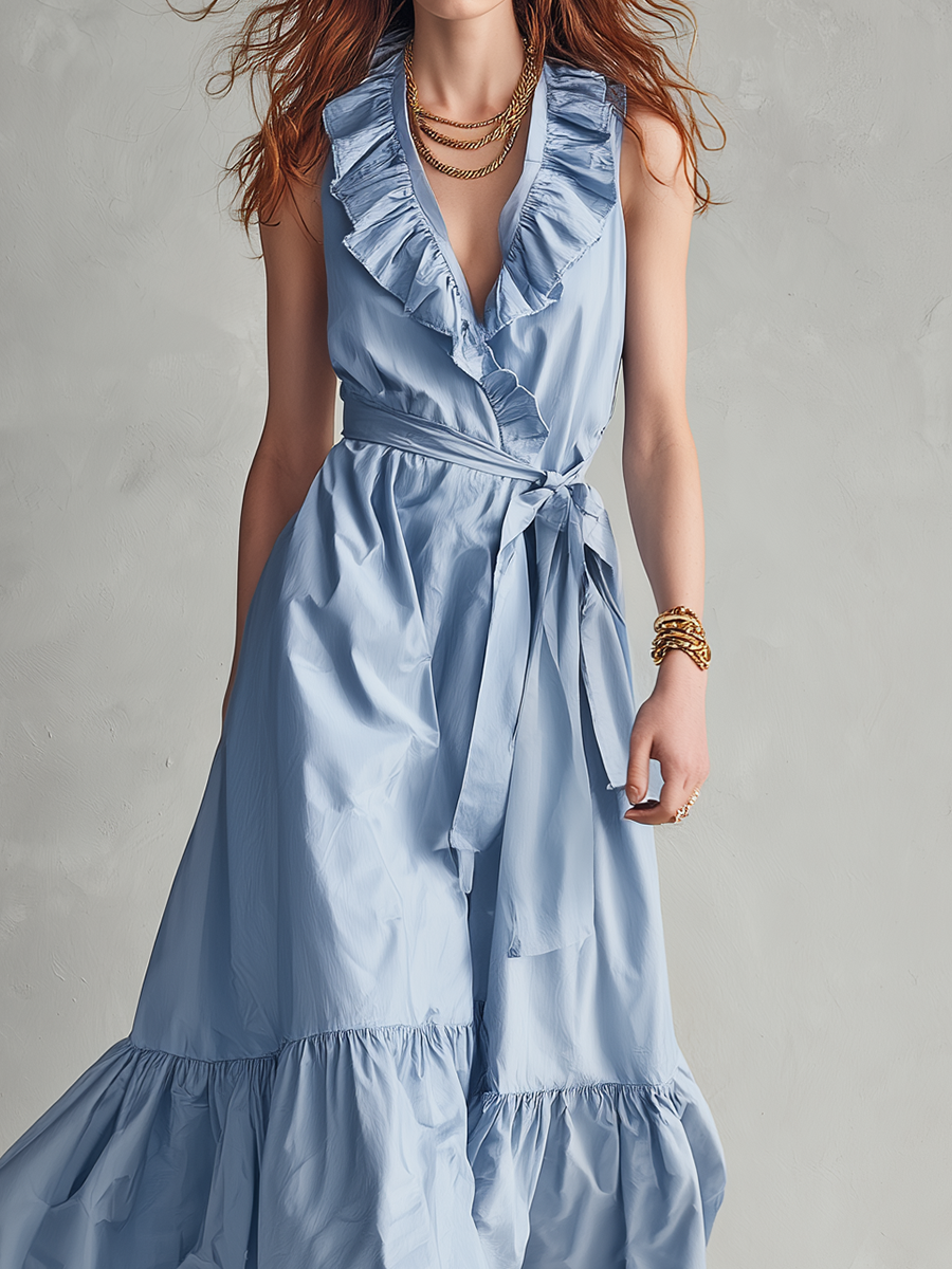 Robe longue portefeuille à volants raffinée