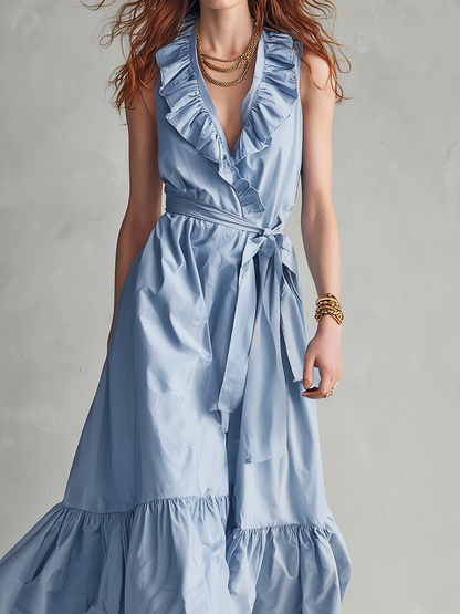 Robe longue portefeuille à volants raffinée