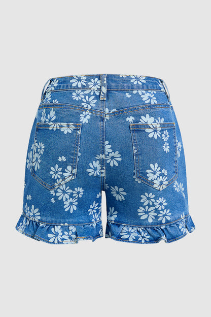 Floral Print Stitch Front Ruffle Hem Mid Rise Denim Shorts