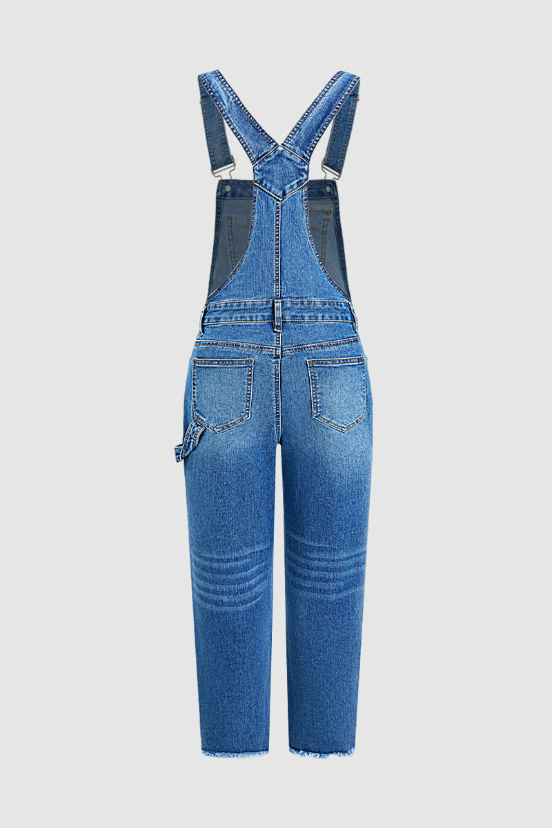 Wash Ripped Raw Hem High Waist Straight Leg Crop Overalls