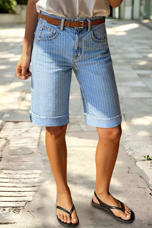 Pinstriped Raw Hem Seam Detail High Waist Denim Bermuda Shorts Without Belt