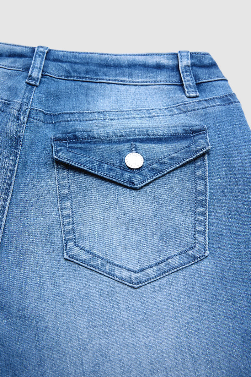 Split Ruffle Hem Flap Pocket Mid Waist Straight Leg Cropped Jeans