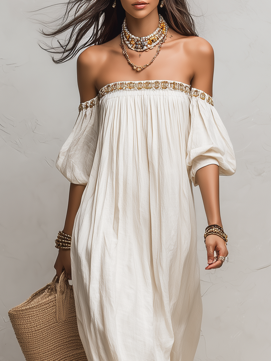 Robe longue plissée ivoire bohème à épaules dénudées