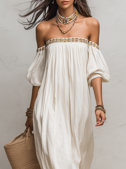 Robe longue plissée ivoire bohème à épaules dénudées