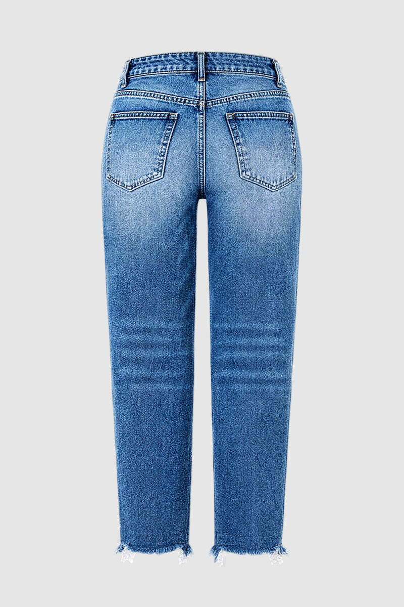 Wash Ripped Raw Hem Mid Rise Straight Leg Crop Jeans Without Belt