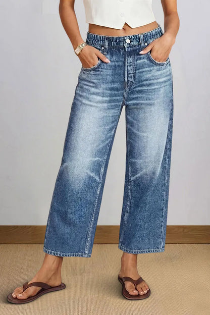 Wash Elastic Mid Rise Wide Leg Crop Jeans