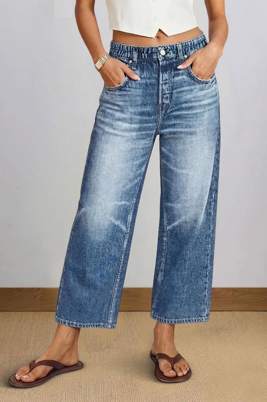 Wash Elastic Mid Rise Wide Leg Crop Jeans