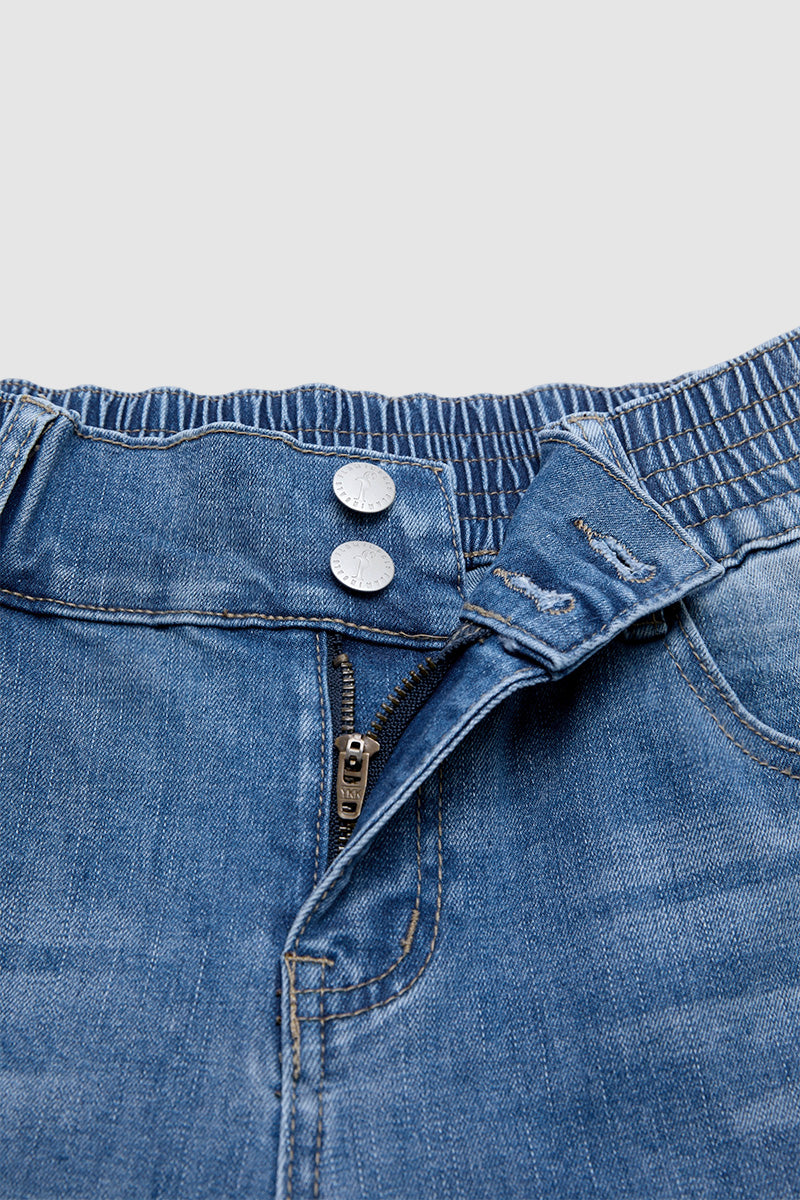 Wash Button Tab Elastic Mid Rise Straight Leg Capri Jeans