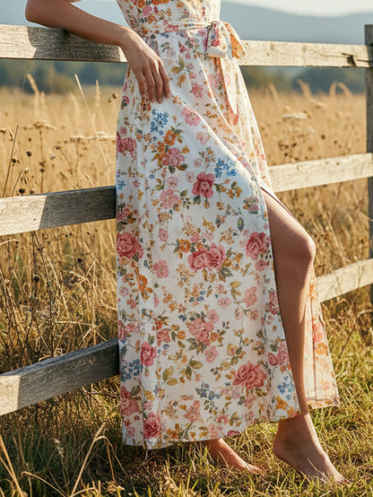 Robe longue en lin, Manches mi-longues, Col en V, Fleurie, Boutons décoratifs, Vacances, Vintage, Blanche