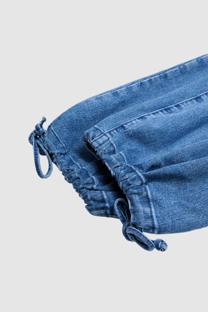 Wash Patch Pocket Drawstring Hem Mid Rise Cropped Wide Leg Jeans