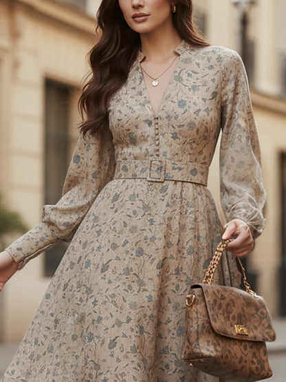 Robe Midi en Lin, Manches Longues, Col en V, Fleurie, Ceinturée, Vintage, Kaki